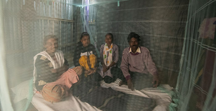 A family protected by a mosquito net